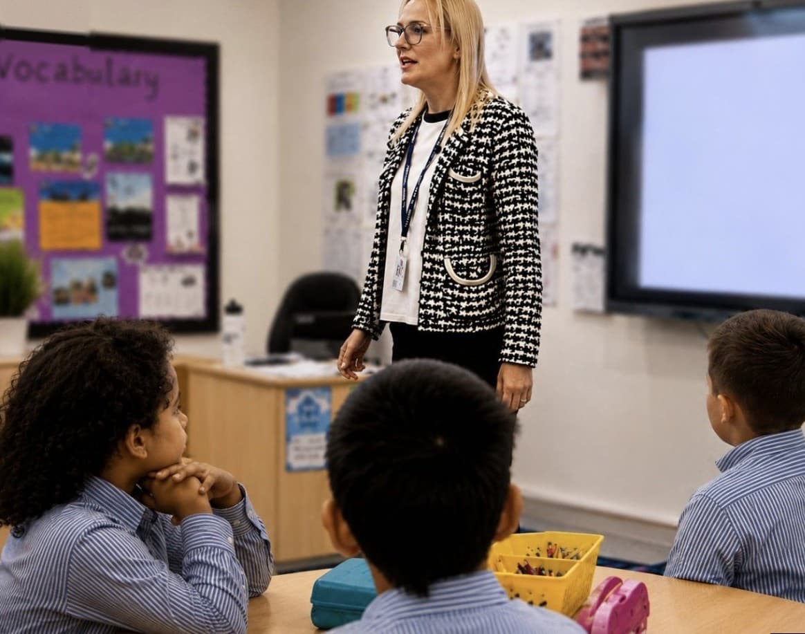 Amanda Smith teaching a primary class, children listening during a vocabulary lesson